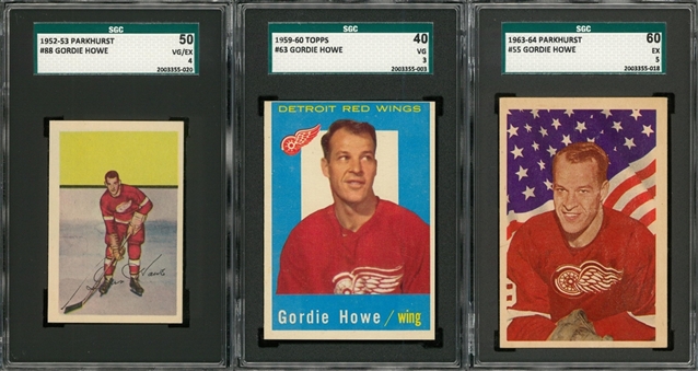 1952/53-1963/64 Parkhurst and Topps Gordie Howe SGC-Graded Trio (3 Different)